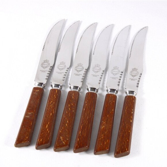 Vintage Warranted Sheffield steak knives /w wooden handles, set of 6 knives - Picture 2 of 5